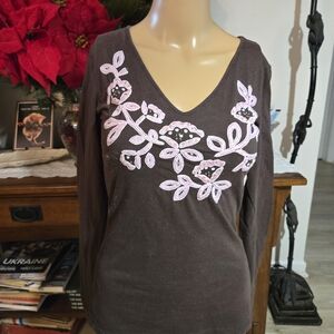 International Concepts Brown V-Neck Top with Pink Embroidery and Sequins.  Sz S